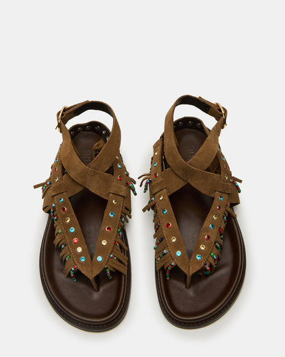 Steve Madden WENDELL Chestnut Suede Beaded Flatform Footbed Strappy Fringe Women's Sandal