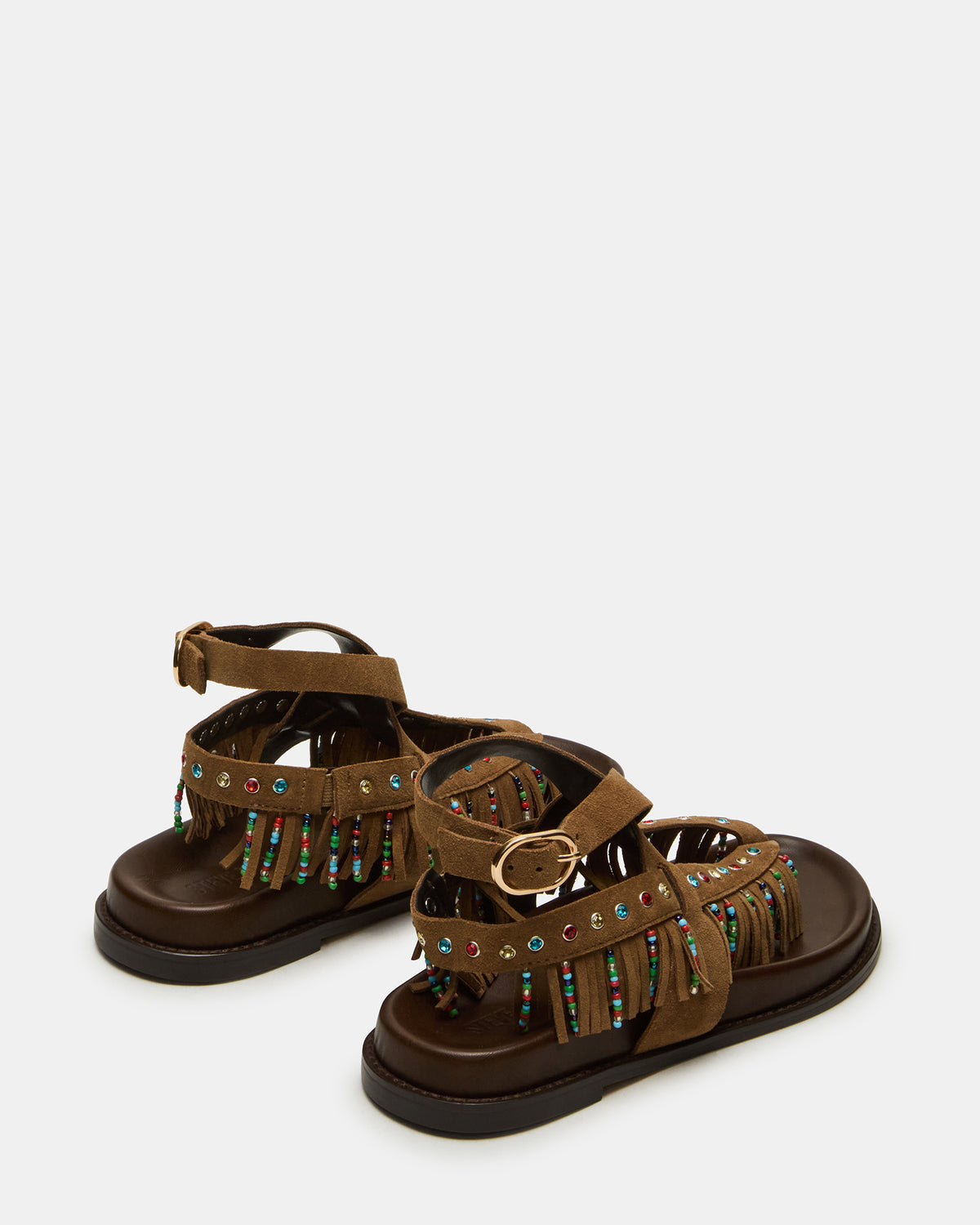 Steve Madden WENDELL Chestnut Suede Beaded Flatform Footbed Strappy Fringe Women's Sandal