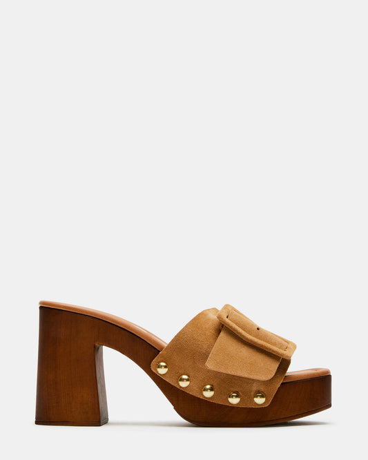 Steve Madden MARLENA Sand Suede Women's Wood Bottom Mule Platform Heel