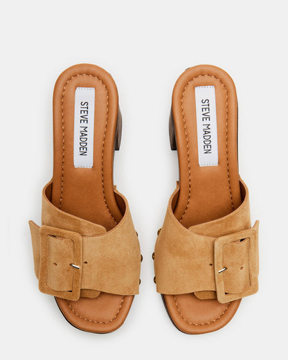 Steve Madden MARLENA Sand Suede Women's Wood Bottom Mule Platform Heel