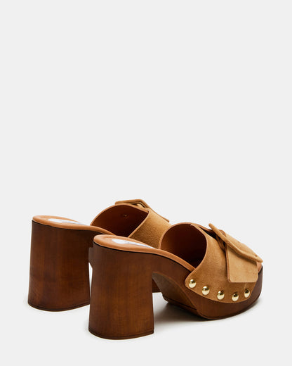 Steve Madden MARLENA Sand Suede Women's Wood Bottom Mule Platform Heel