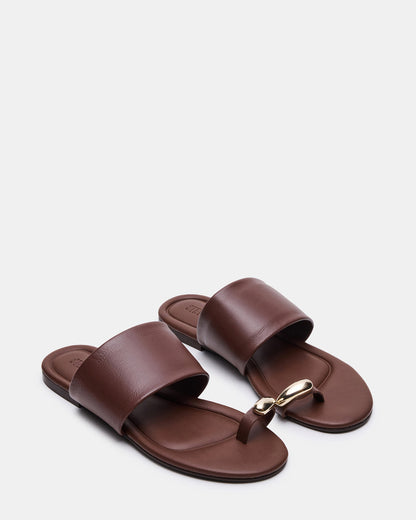 Steve Madden DECADENT Brown Leather Rounded-Toe Slide Women's Sandal