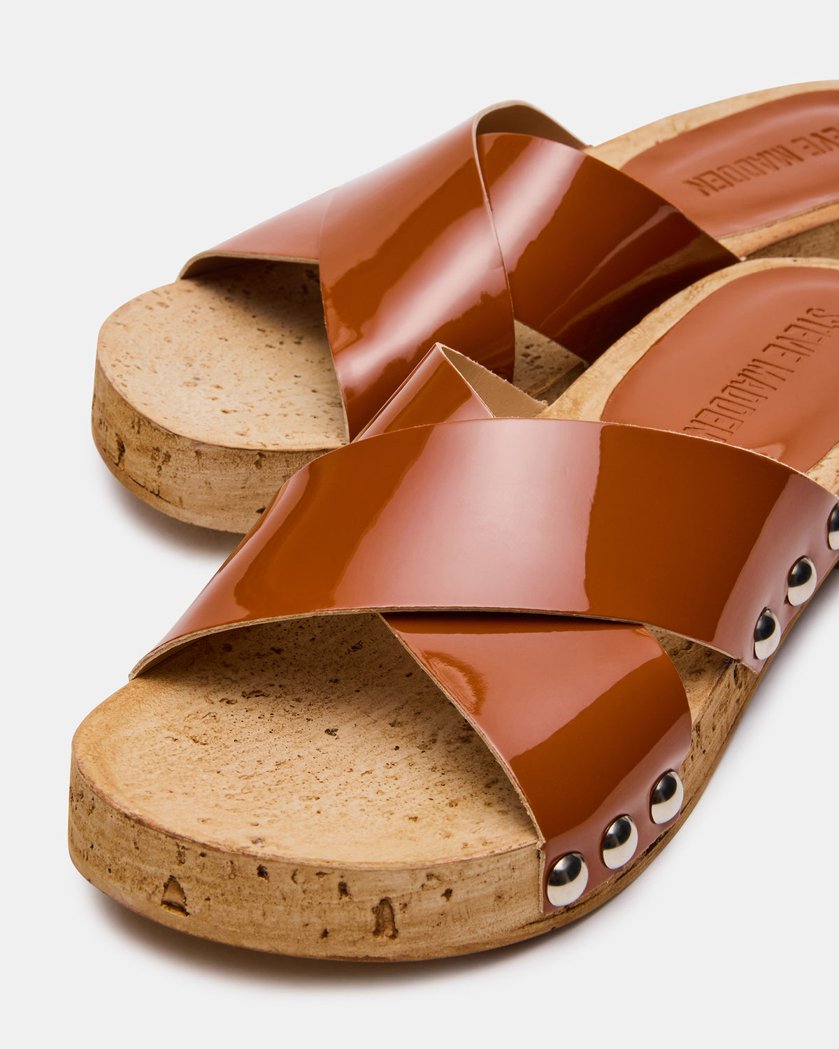 Steve Madden CANTLAY Camel Patent Studded Mule Slide Women's Sandal