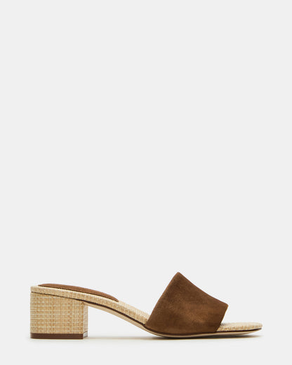 Steve Madden HAILEE Chestnut Suede Women's Square-Toe Raffia Block Heel Mule Sandal