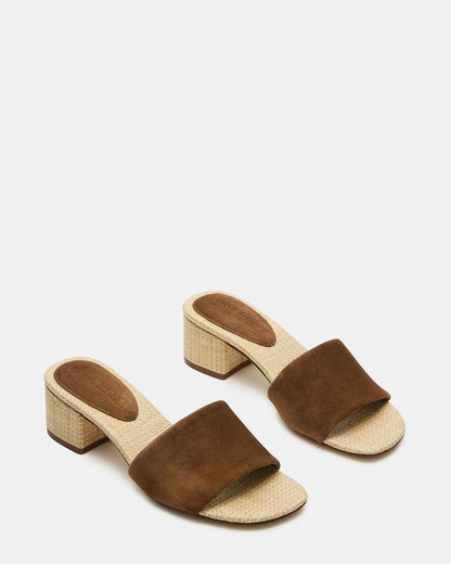 Steve Madden HAILEE Chestnut Suede Women's Square-Toe Raffia Block Heel Mule Sandal