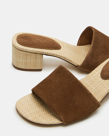 Steve Madden HAILEE Chestnut Suede Women's Square-Toe Raffia Block Heel Mule Sandal