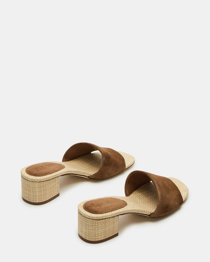 Steve Madden HAILEE Chestnut Suede Women's Square-Toe Raffia Block Heel Mule Sandal