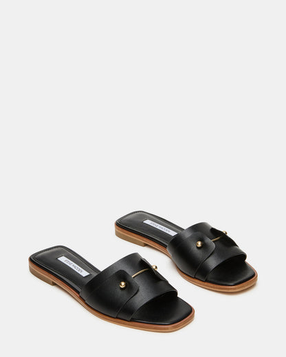 Steve Madden HASTEN Black Leather Gold Detail Slide Women's Sandal