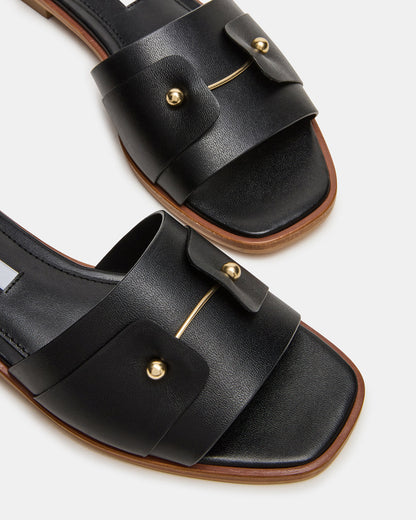 Steve Madden HASTEN Black Leather Gold Detail Slide Women's Sandal