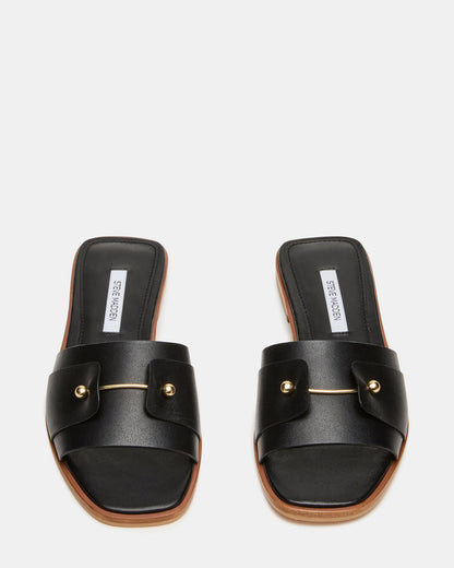 Steve Madden HASTEN Black Leather Gold Detail Slide Women's Sandal