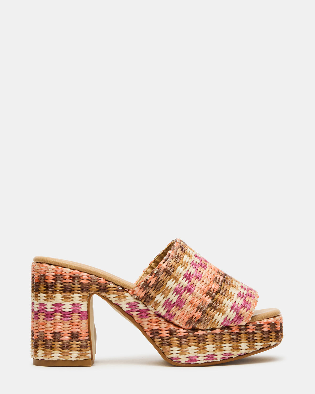 Steve Madden KOLA Pink Raffia Platform Square-Toe Block Heel Mule Women's Sandal