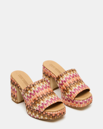 Steve Madden KOLA Pink Raffia Platform Square-Toe Block Heel Mule Women's Sandal