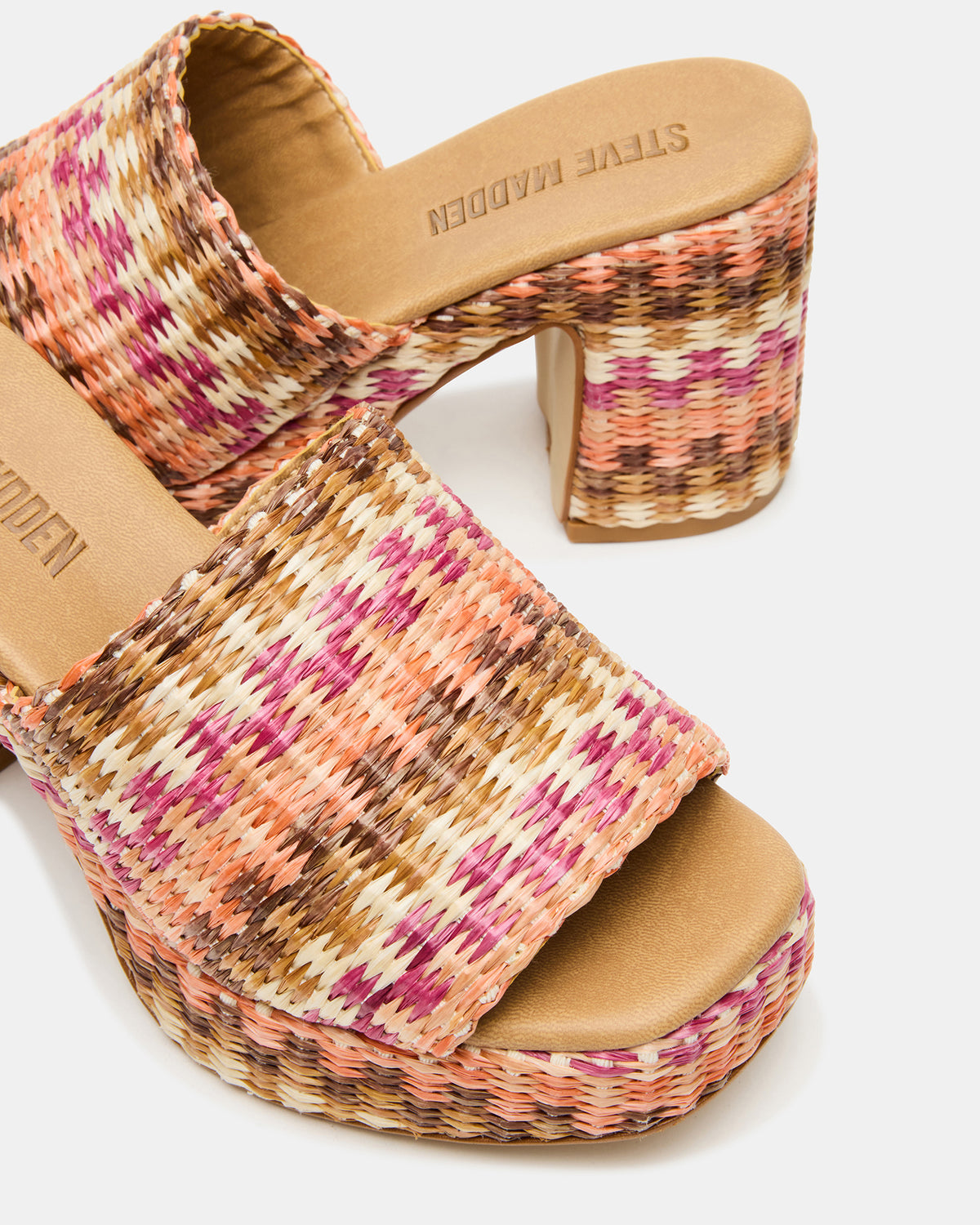 Steve Madden KOLA Pink Raffia Platform Square-Toe Block Heel Mule Women's Sandal