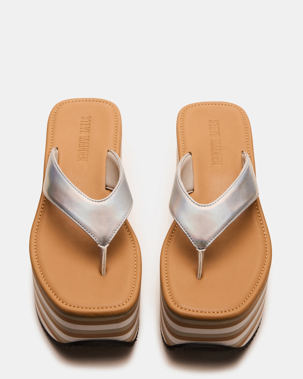 Steve Madden SEVILLA Natural Multi Thong Platform Chunky Flatform Square-Toe Women's Sandal