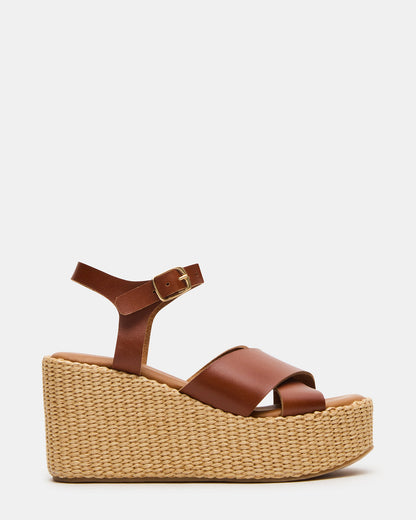 Steve Madden JETSET Cognac Leather Raffia Platform Wedge Women's Sandal