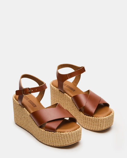 Steve Madden JETSET Cognac Leather Raffia Platform Wedge Women's Sandal