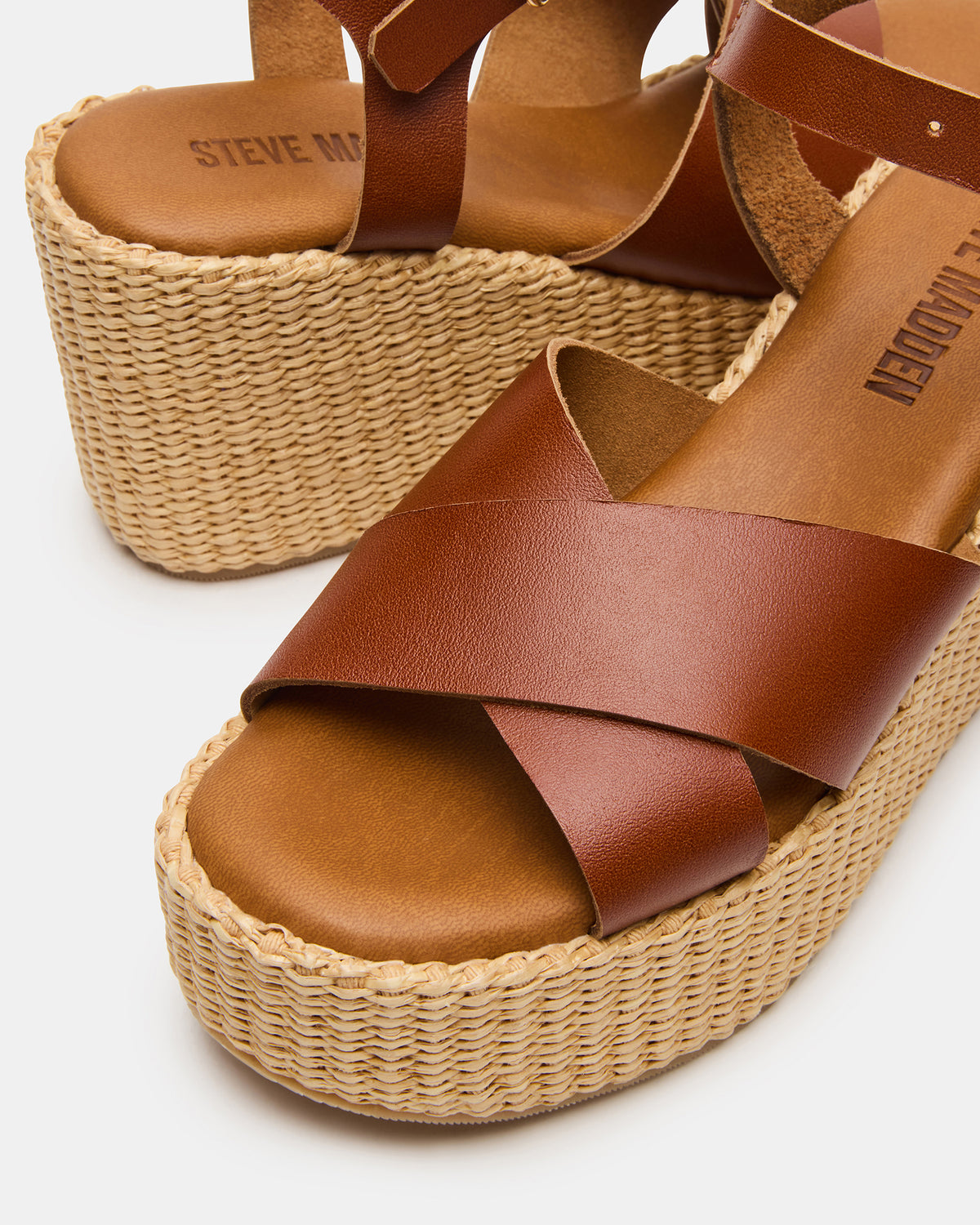 Steve Madden JETSET Cognac Leather Raffia Platform Wedge Women's Sandal