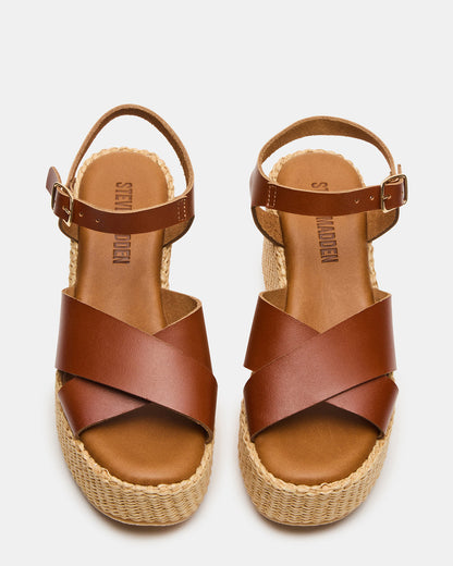 Steve Madden JETSET Cognac Leather Raffia Platform Wedge Women's Sandal