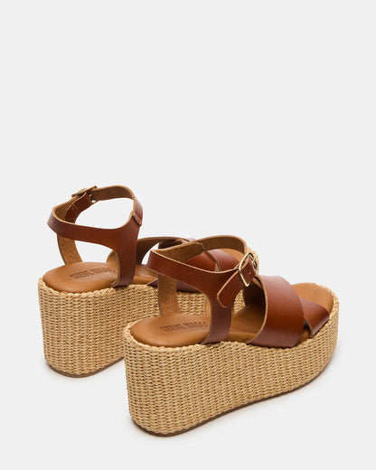 Steve Madden JETSET Cognac Leather Raffia Platform Wedge Women's Sandal