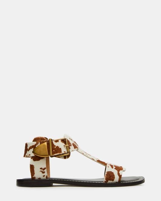 Steve Madden BRAZINN Brown Cow Print Strappy Flat Sandal Women's Sandal