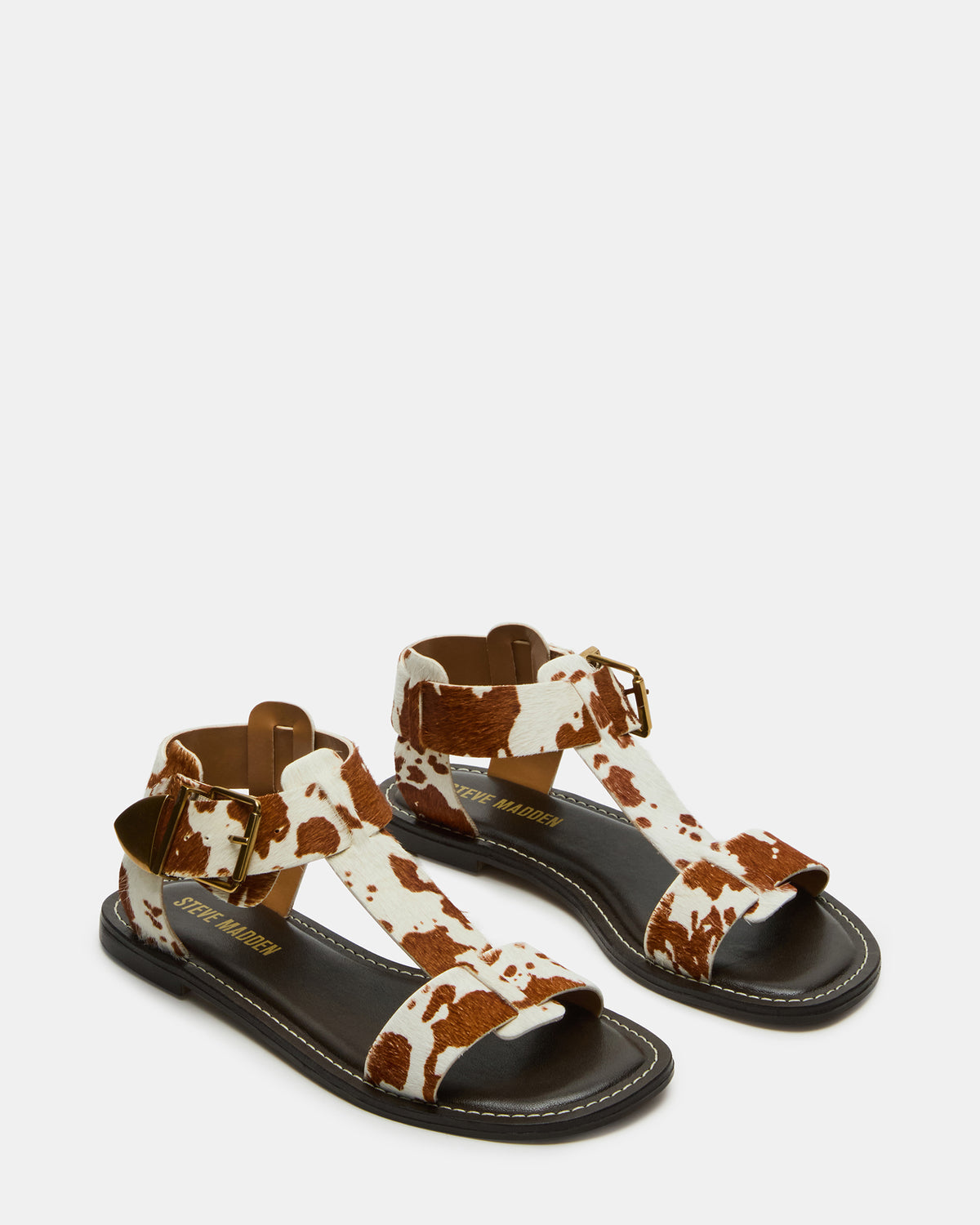 Steve Madden BRAZINN Brown Cow Print Strappy Flat Sandal Women's Sandal
