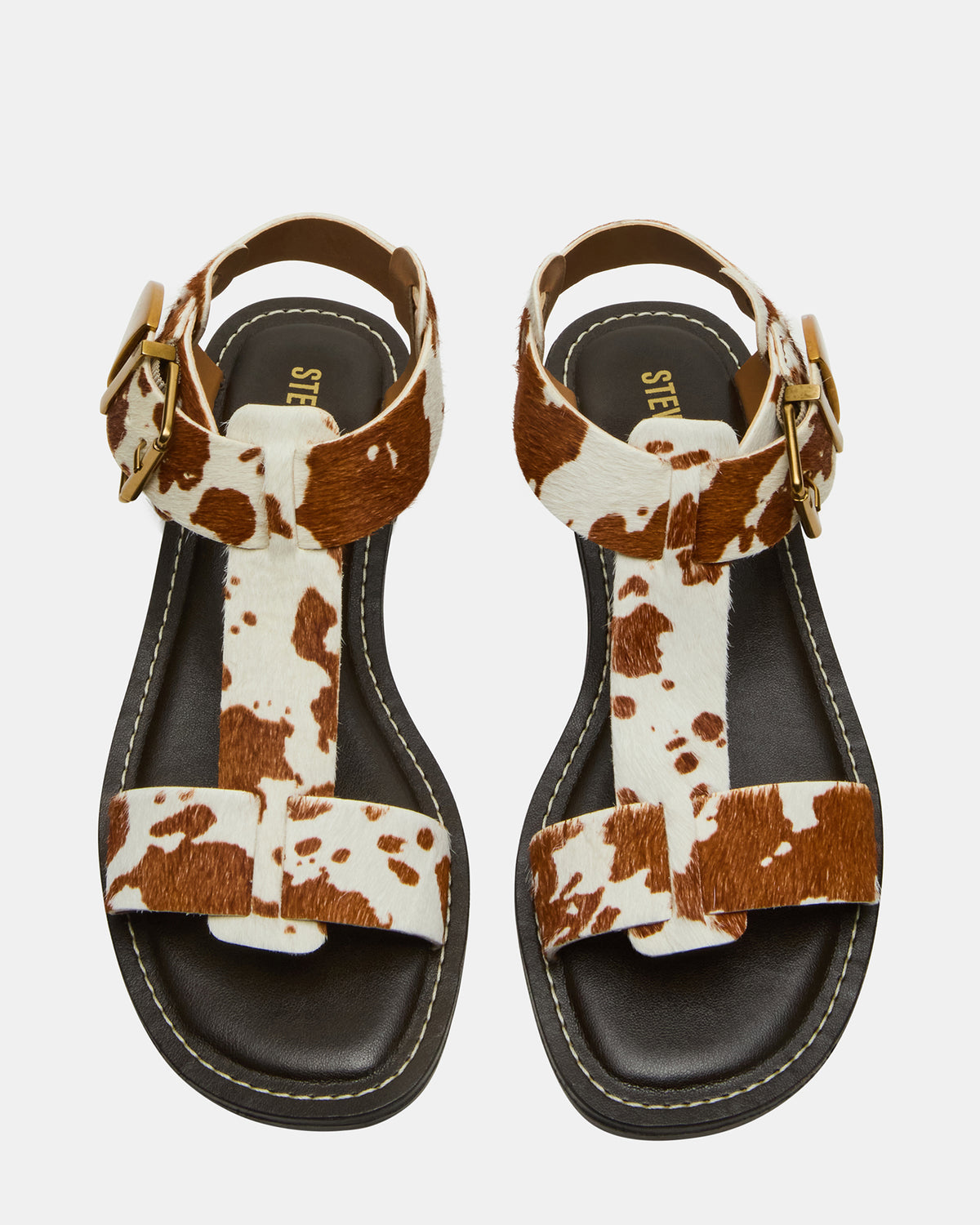 Steve Madden BRAZINN Brown Cow Print Strappy Flat Sandal Women's Sandal