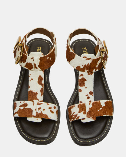 Steve Madden BRAZINN Brown Cow Print Strappy Flat Sandal Women's Sandal