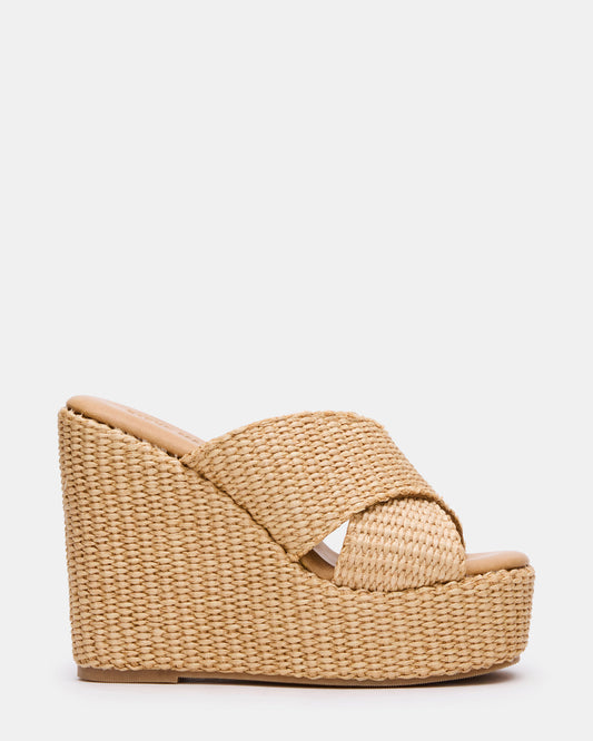Steve Madden CERCEI Natural Raffia Platform Square-Toe Wedge Women's Sandal