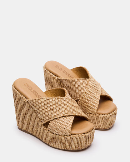 Steve Madden CERCEI Natural Raffia Platform Square-Toe Wedge Women's Sandal