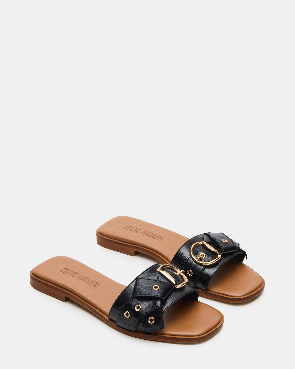 Steve Madden HILARIA Black Leather Square-Toe Slide Women's Sandal