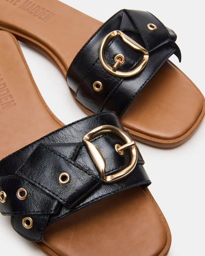 Steve Madden HILARIA Black Leather Square-Toe Slide Women's Sandal