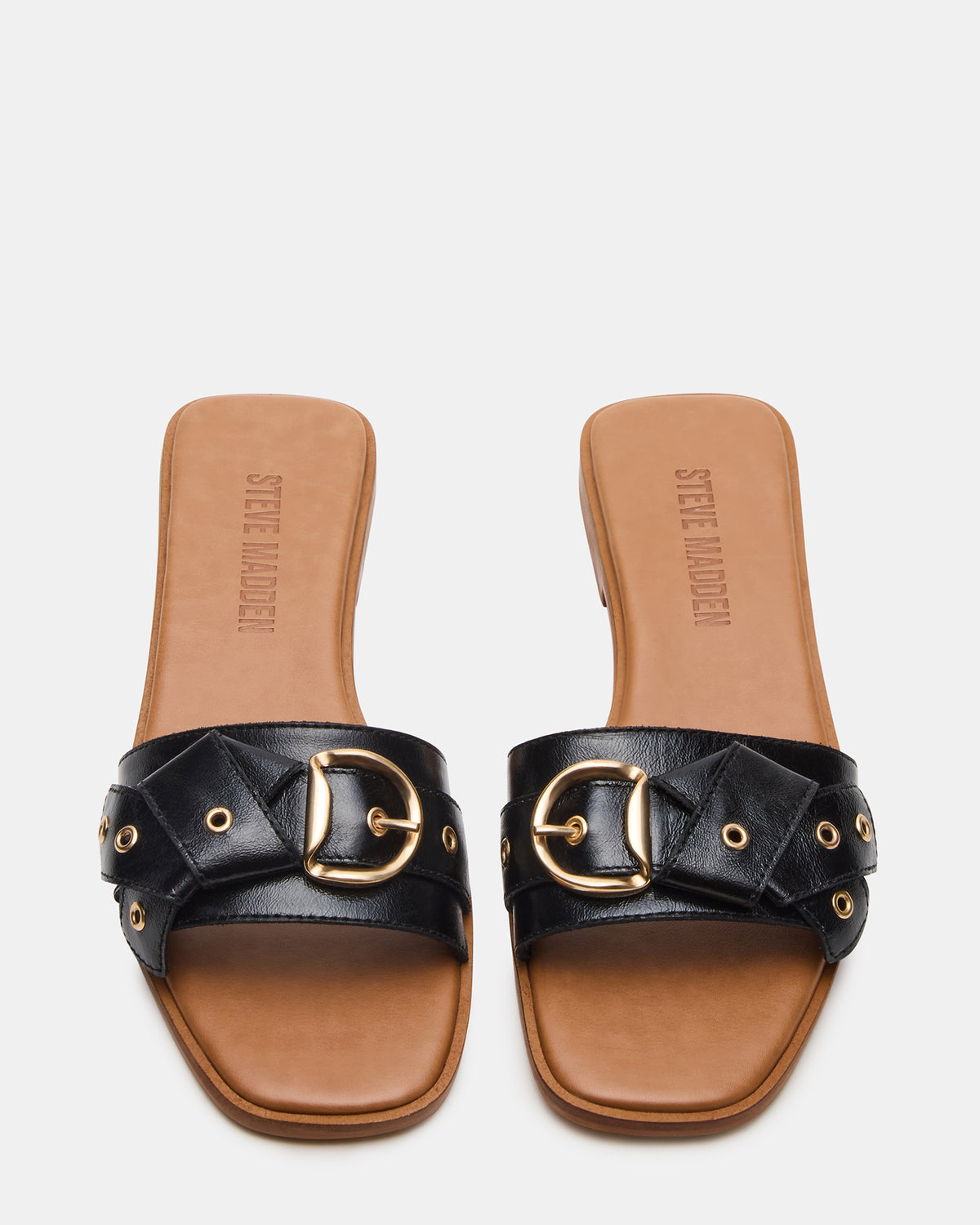 Steve Madden HILARIA Black Leather Square-Toe Slide Women's Sandal