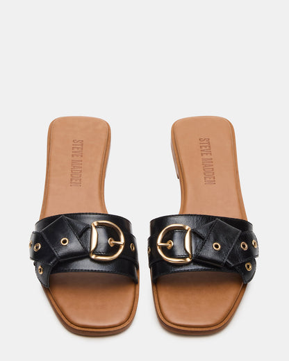 Steve Madden HILARIA Black Leather Square-Toe Slide Women's Sandal