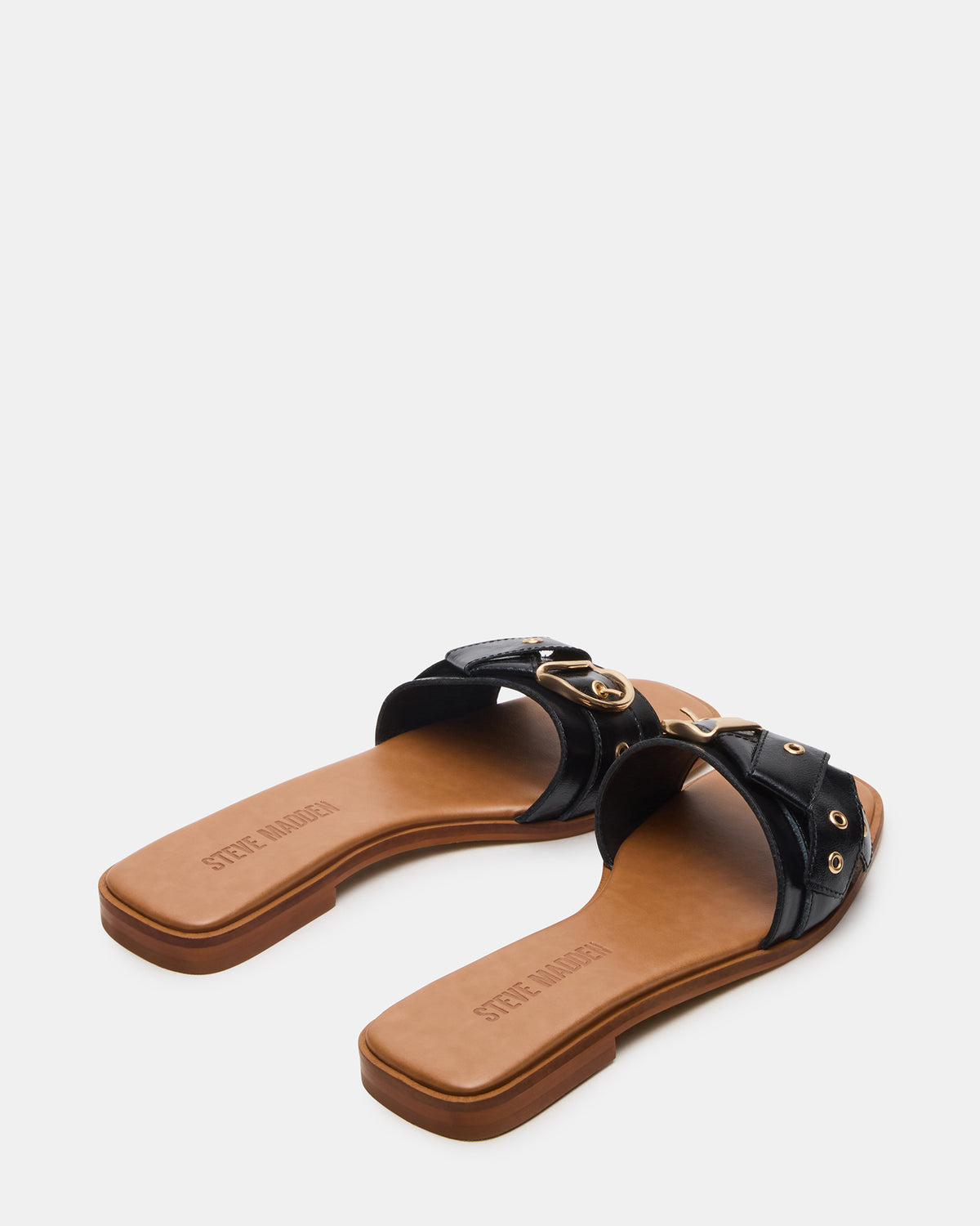 Steve Madden HILARIA Black Leather Square-Toe Slide Women's Sandal