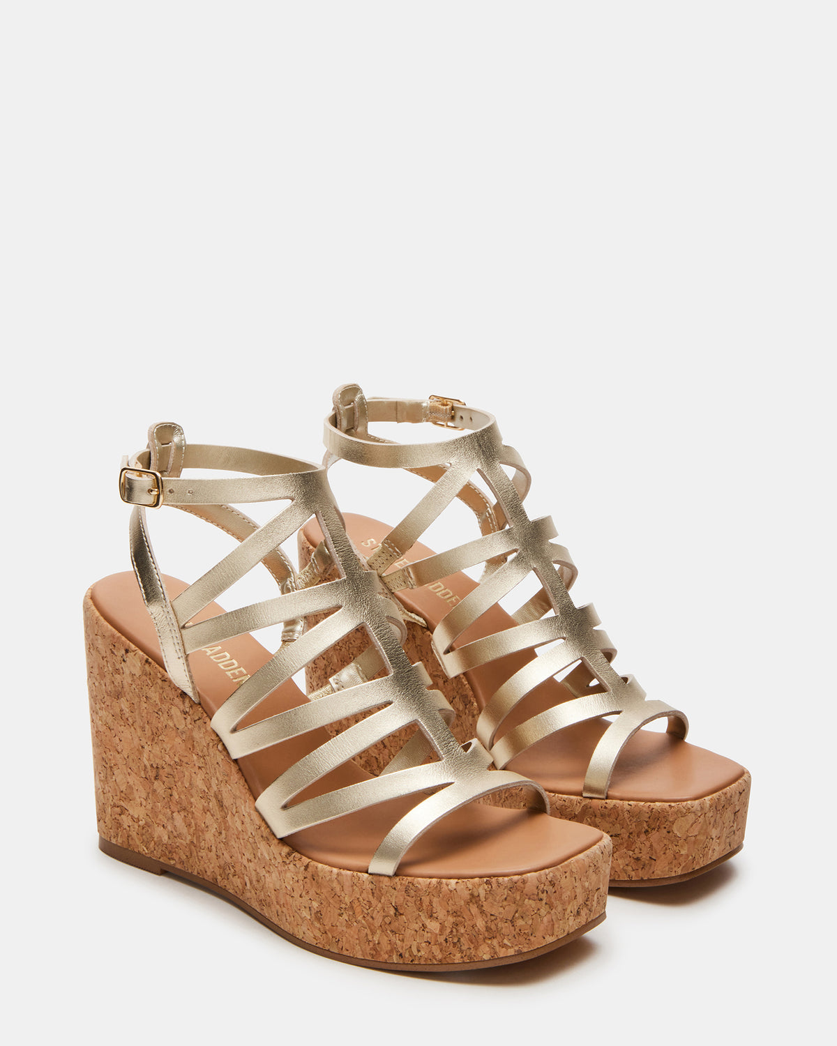 Steve Madden COZETTE Gold Leather Women's Platform Square-Toe Wedge Sandal