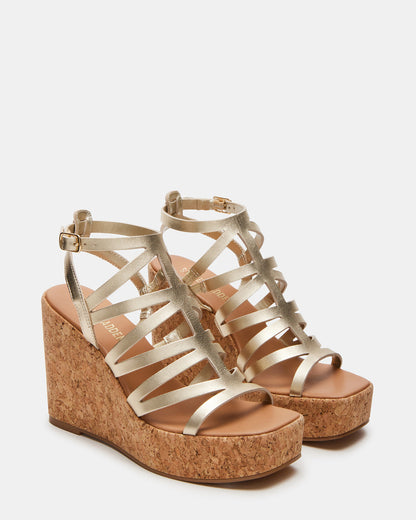 Steve Madden COZETTE Gold Leather Women's Platform Square-Toe Wedge Sandal