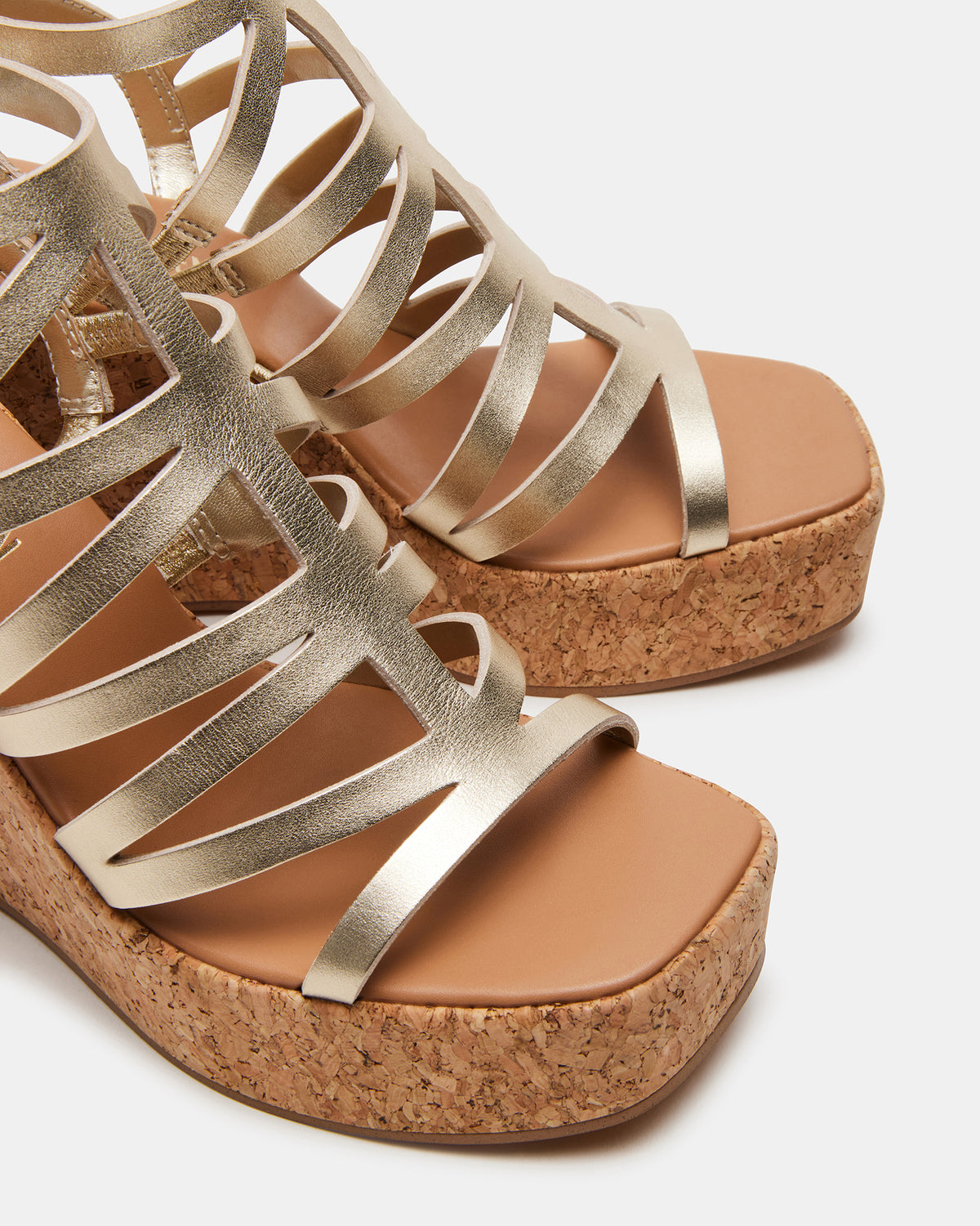 Steve Madden COZETTE Gold Leather Women's Platform Square-Toe Wedge Sandal