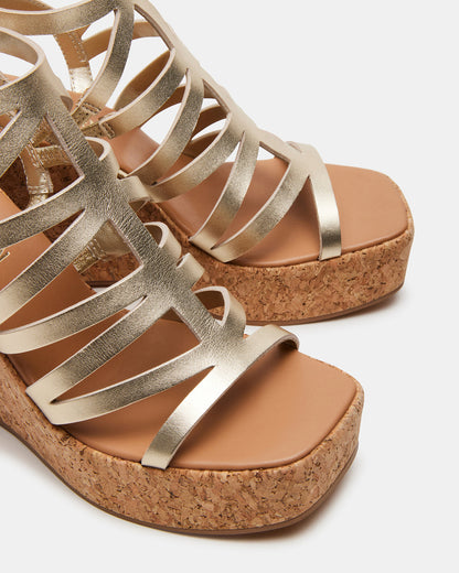 Steve Madden COZETTE Gold Leather Women's Platform Square-Toe Wedge Sandal