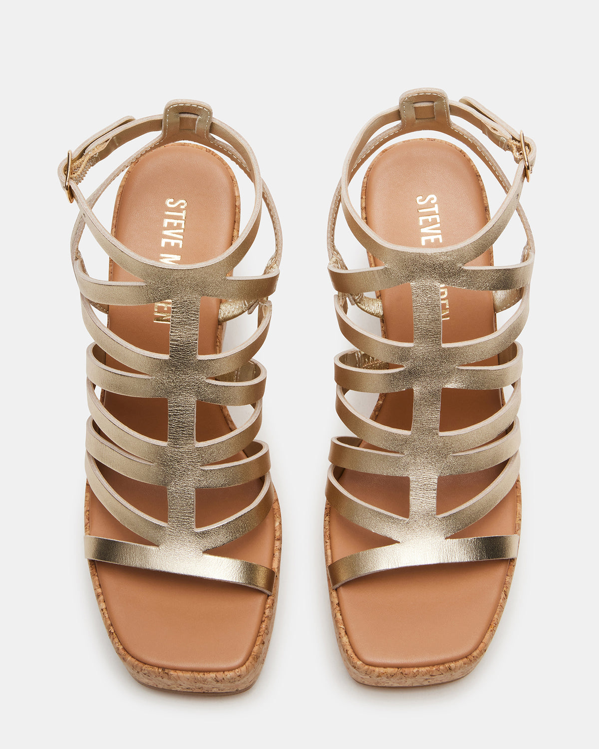 Steve Madden COZETTE Gold Leather Women's Platform Square-Toe Wedge Sandal
