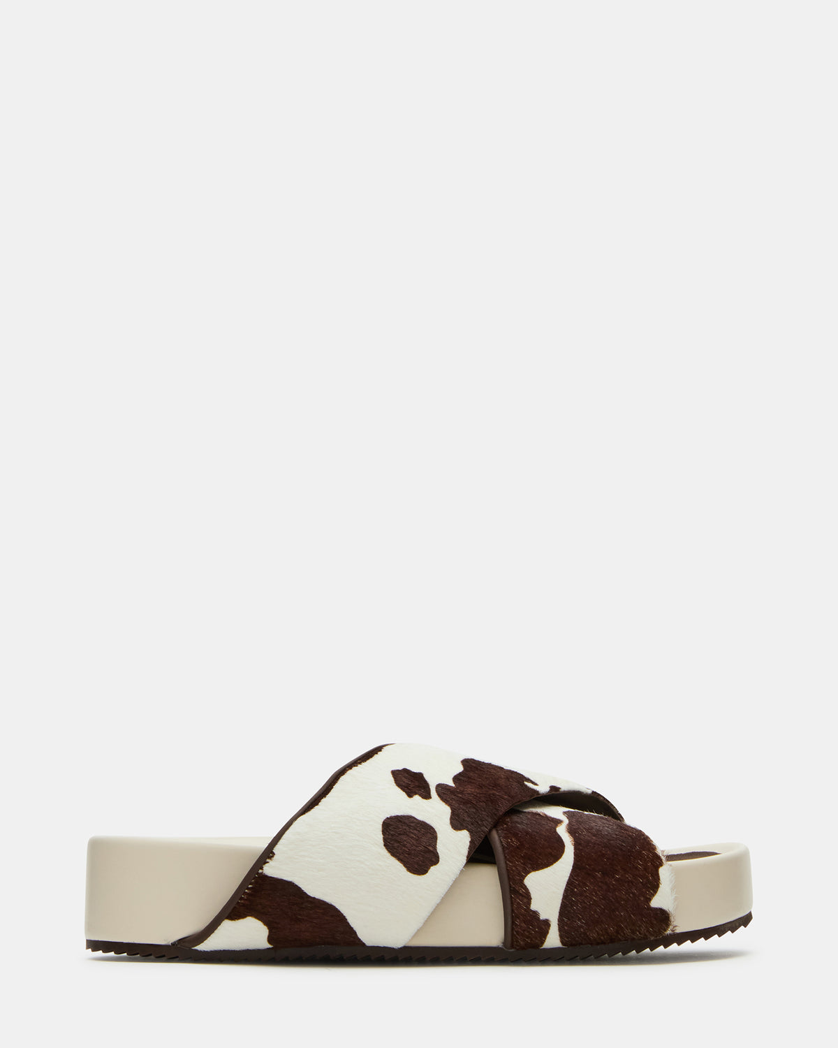 Steve Madden AVENDRA Brown Cow Print Flatform Slide Women's Sandal
