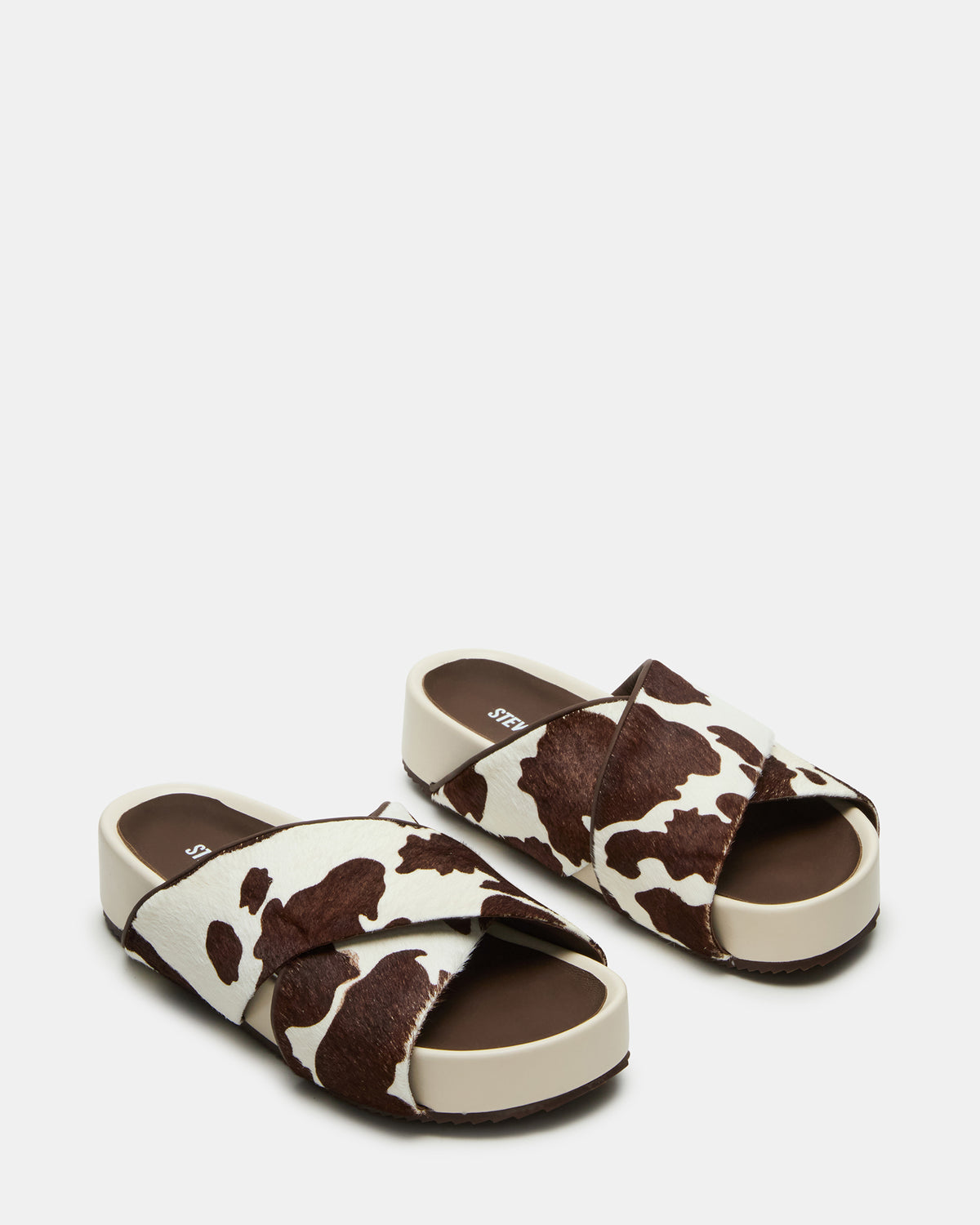 Steve Madden AVENDRA Brown Cow Print Flatform Slide Women's Sandal