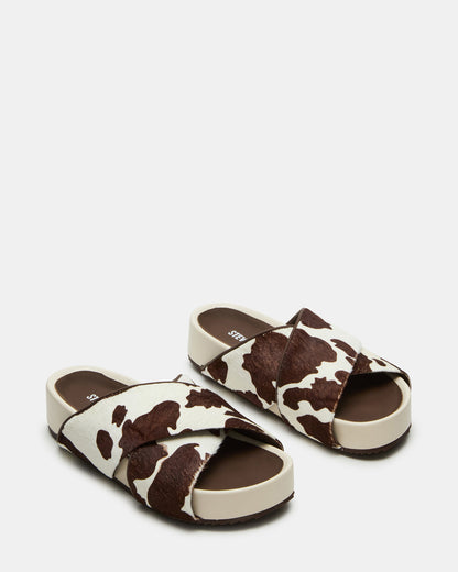 Steve Madden AVENDRA Brown Cow Print Flatform Slide Women's Sandal