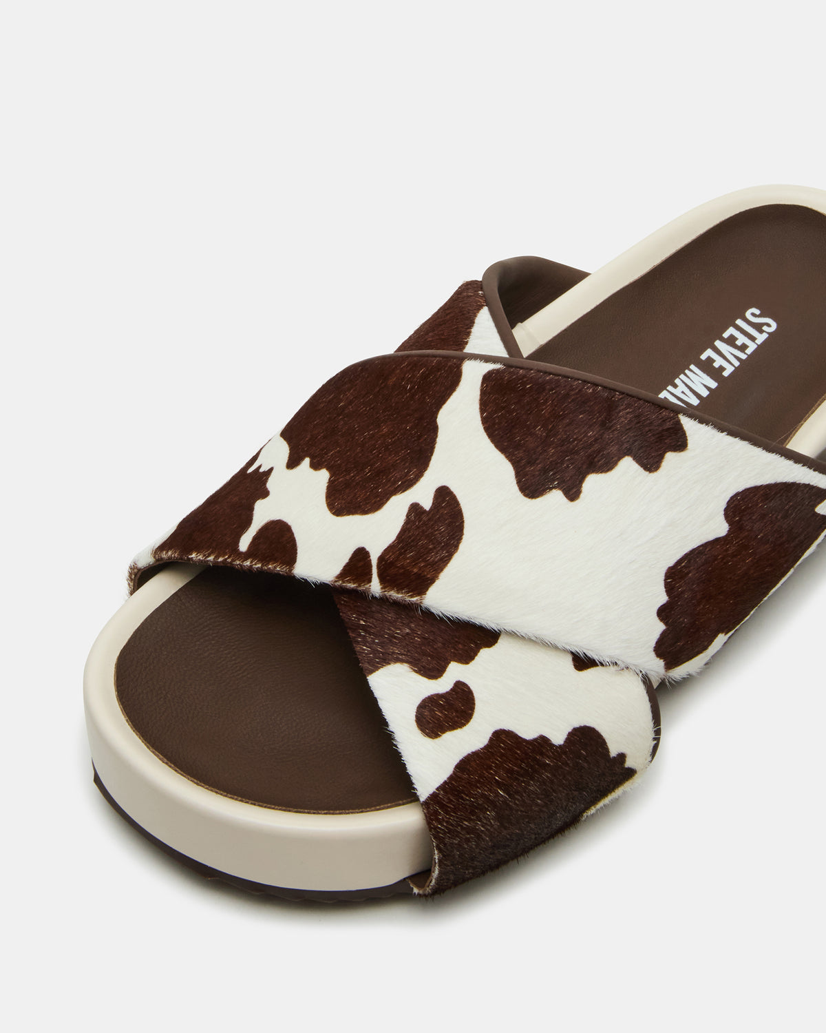 Steve Madden AVENDRA Brown Cow Print Flatform Slide Women's Sandal