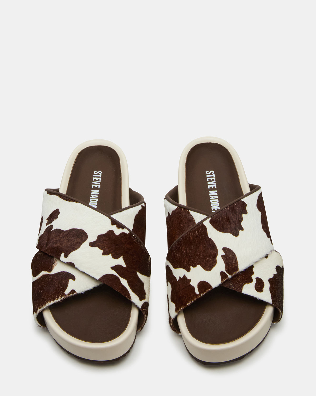 Steve Madden AVENDRA Brown Cow Print Flatform Slide Women's Sandal