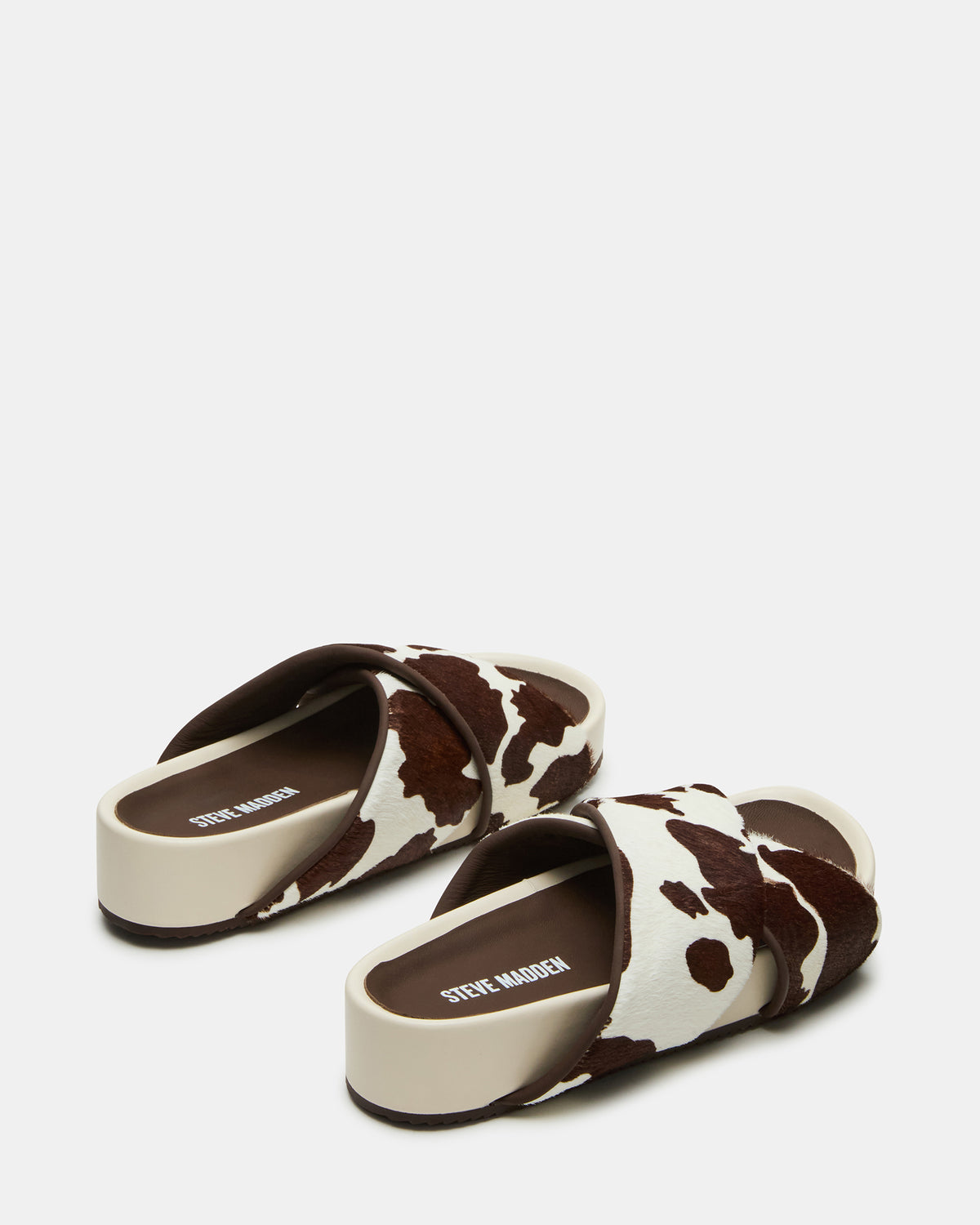 Steve Madden AVENDRA Brown Cow Print Flatform Slide Women's Sandal