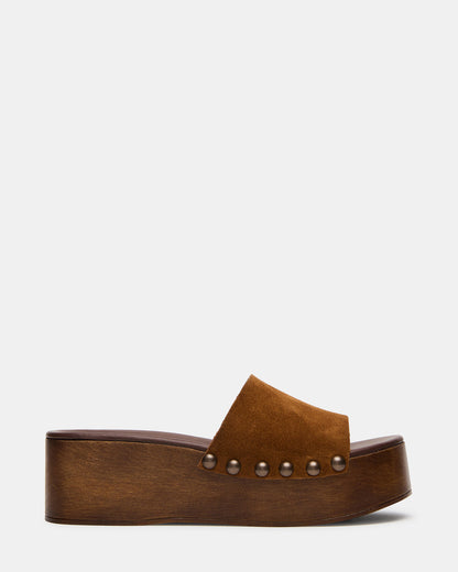 Steve Madden CONGA Tan Suede Platform Wood Bottom Slide Women's Sandal