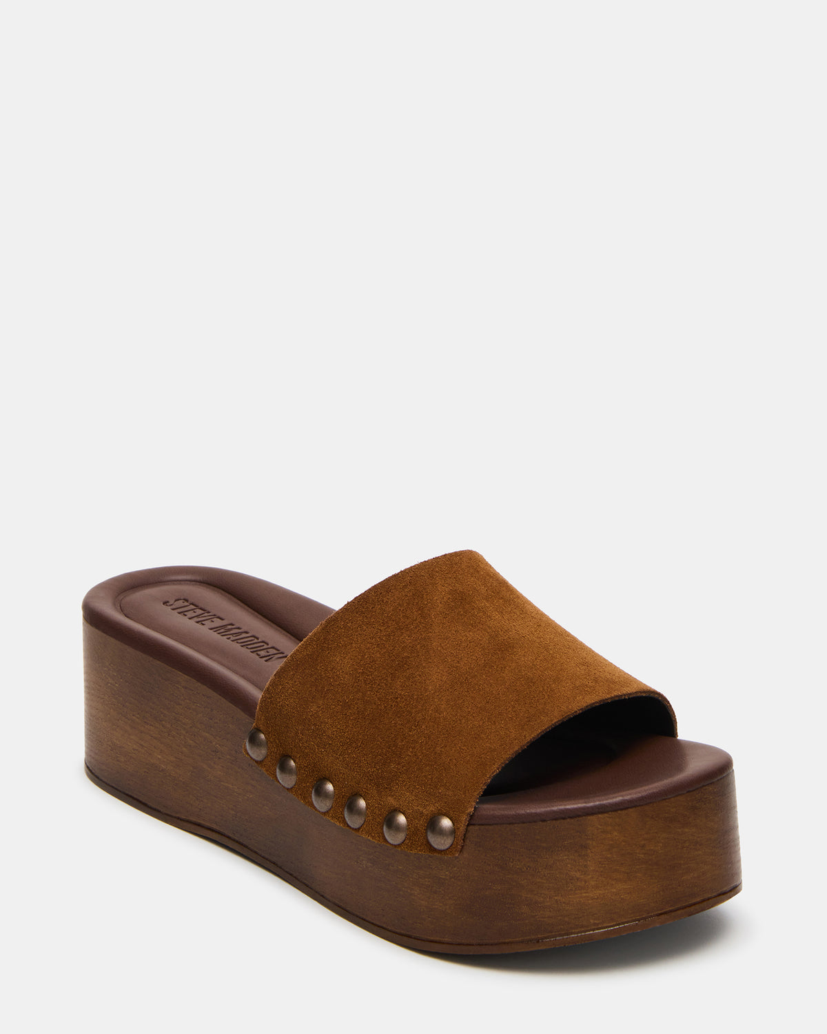 Steve Madden CONGA Tan Suede Platform Wood Bottom Slide Women's Sandal