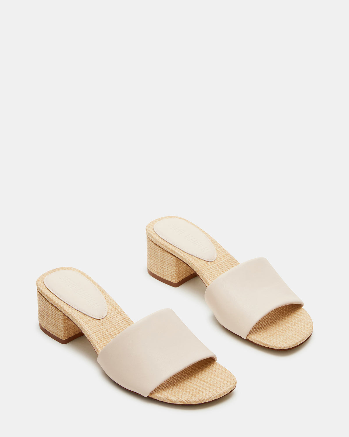 Steve Madden HAILEE Bone Leather Women's Square-Toe Raffia Block Heel Mule Sandal