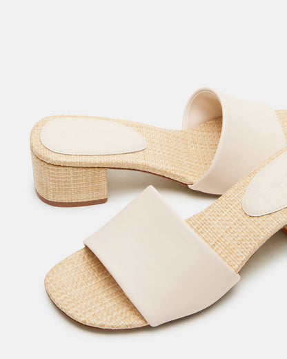 Steve Madden HAILEE Bone Leather Women's Square-Toe Raffia Block Heel Mule Sandal