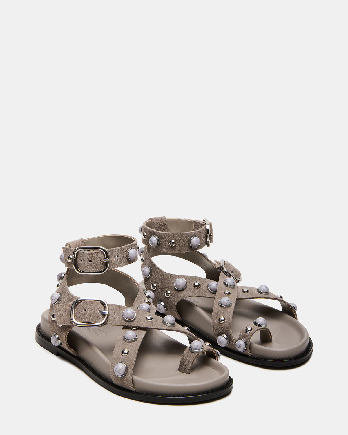 Steve Madden LINEAR Grey Suede Strappy Footbed Studded Women's Sandal
